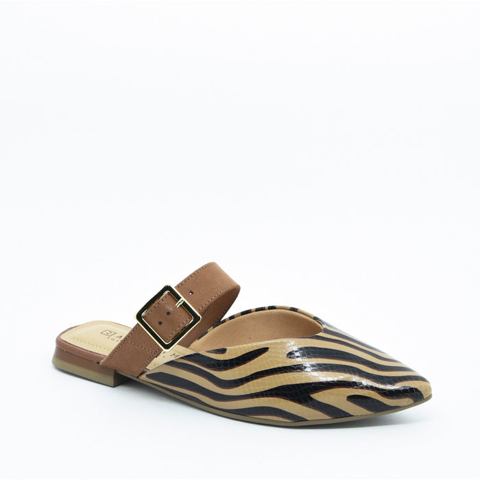 Sapato Mule Ramarim Bico Fino Animal Print Detalhe Fivela Bege e Marrom