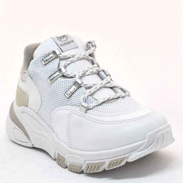 Tênis Chunky Via Marte Tela com Recortes Croco Metalizado Branco