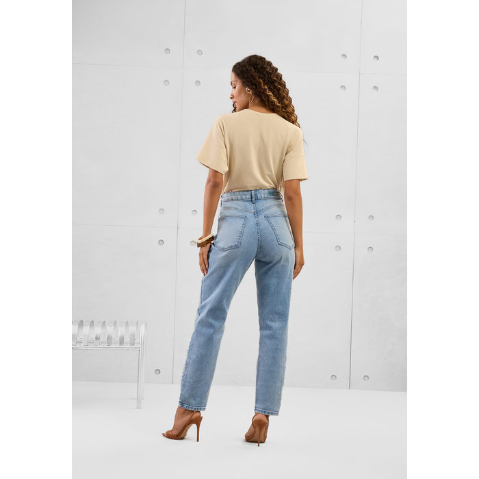 Calça Jeans Lunender Mom Chapa Barriga Marmorizada com Bolso Azul Claro