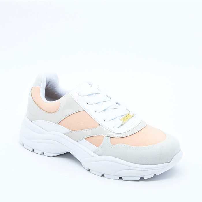 Tênis Chunky Vizzano Detalhe Camurça Verniz Bege e Coral