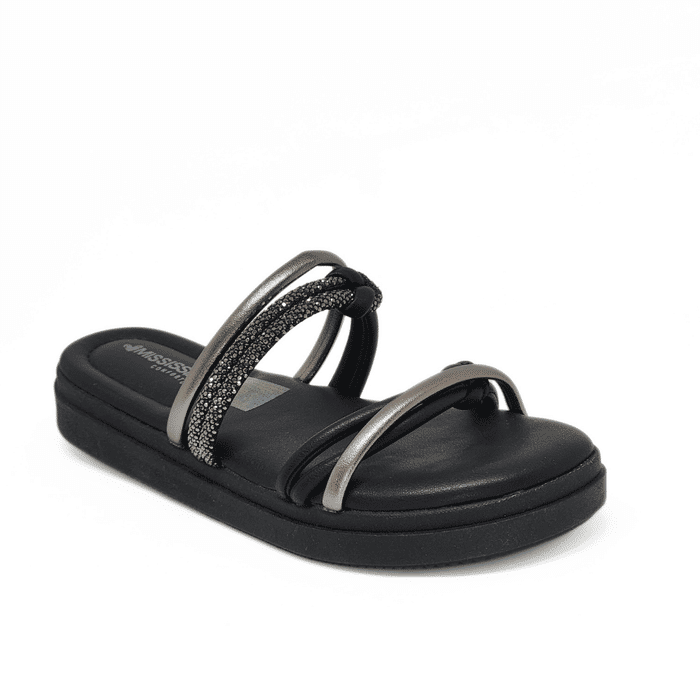 Rasteira Papete Mississipi Cabedal Tiras Metalizada Aplicação Strass Nó Preto