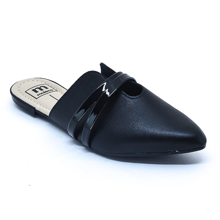 Sapato Mule Moleca Cabedal Vazado com Duas Tiras Verniz Preto