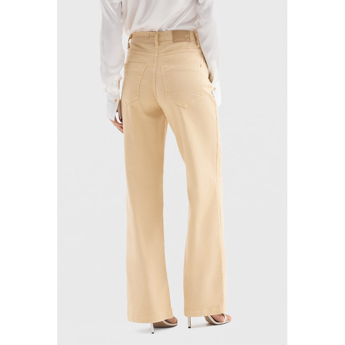 Calça Flor de Lis Wide Leg Algodão Elastano Lisa com Bolso Bege