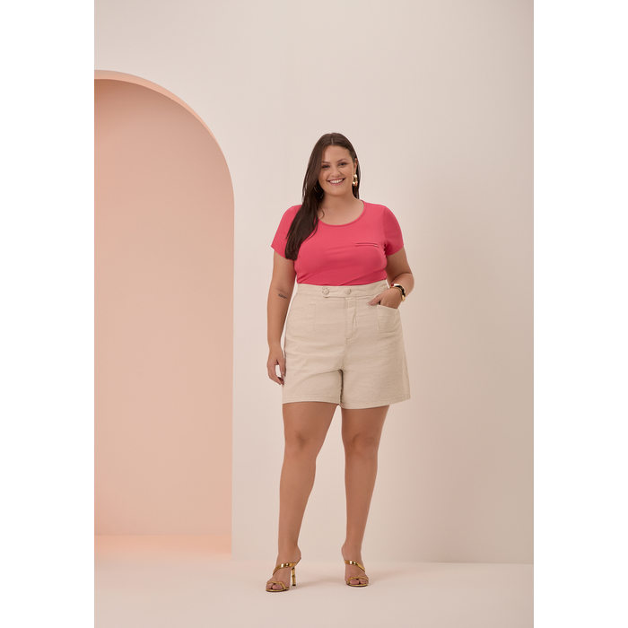 Blusa Lunender Viscose Elastano Manga Curta com Bolso Falso Aplicação Metal Logo Rosa