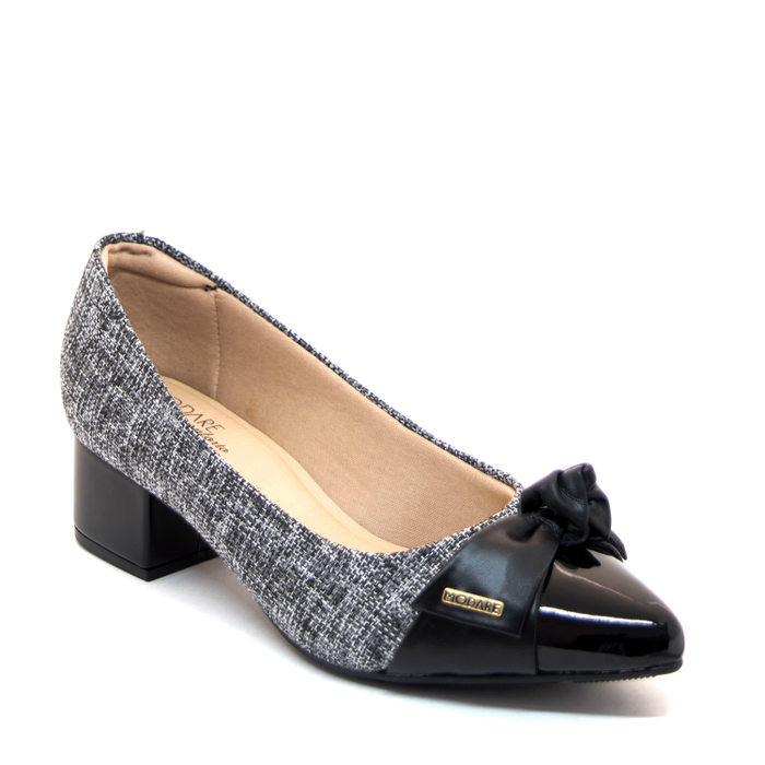 SAPATO MODARE BICO FINO SALTO GROSSO COM NÓ DETALHE VERNIZ PRETO MESCLA/PRETO