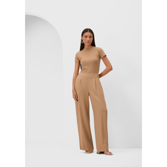 Blusa Lunender Malha Canelada Gola Alta Manga Curta Básica Off White