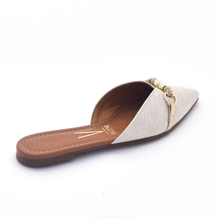 Sapato Mule Vizzado Linho Bico Fino Detalhe Metal Bege