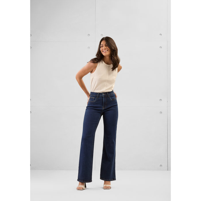 Calça Jeans Lunender Wide Leg Chapa Barriga Elastano com Bolso Azul Médio