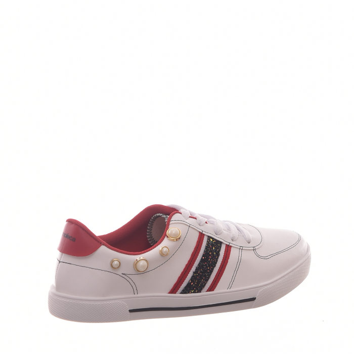Tênis Moleca Listra Lateral Aplicação Glitter e Pérola Branco e Vermelho