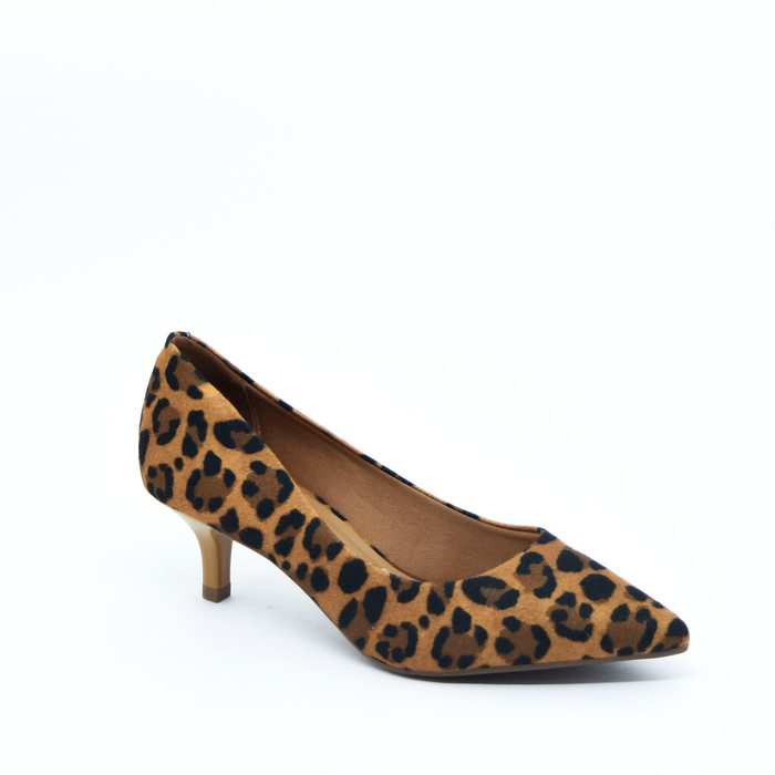 Sapato Scarpin Vizzano Bico Fino Estampado Onça Bege e Preto