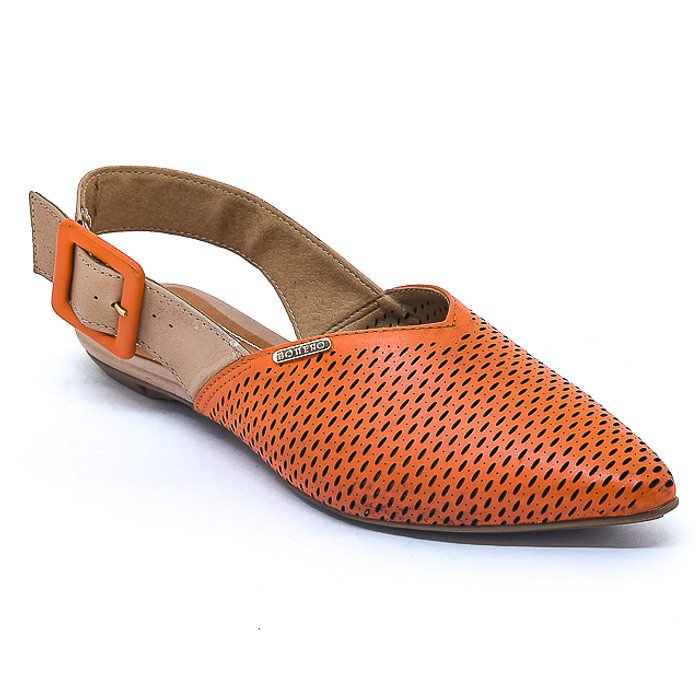 Sapatilha Chanel Bottero Couro Cabedal Vazado Fechamento Fivela Laranja e Bege