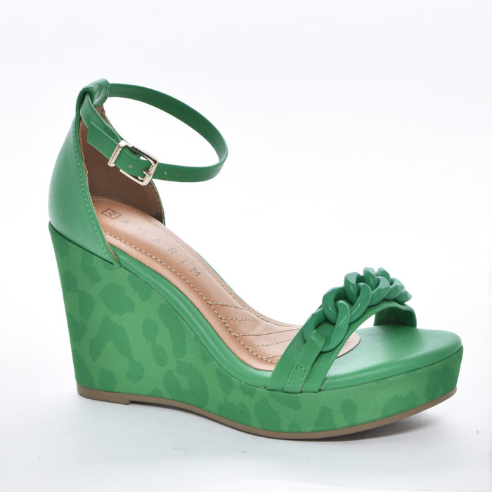 Sandália Anabela Ramarim Cabedal Tira Tressê Calcanhar Fechado Salto Alto Animal Print Verde