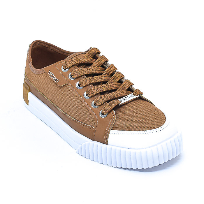 Tênis Vizzano Lona com Recortes Aplicação Logo Emborrachado Solado Trabalhado Caramelo