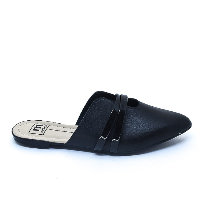 Sapato Mule Moleca Cabedal Vazado com Duas Tiras Verniz Preto