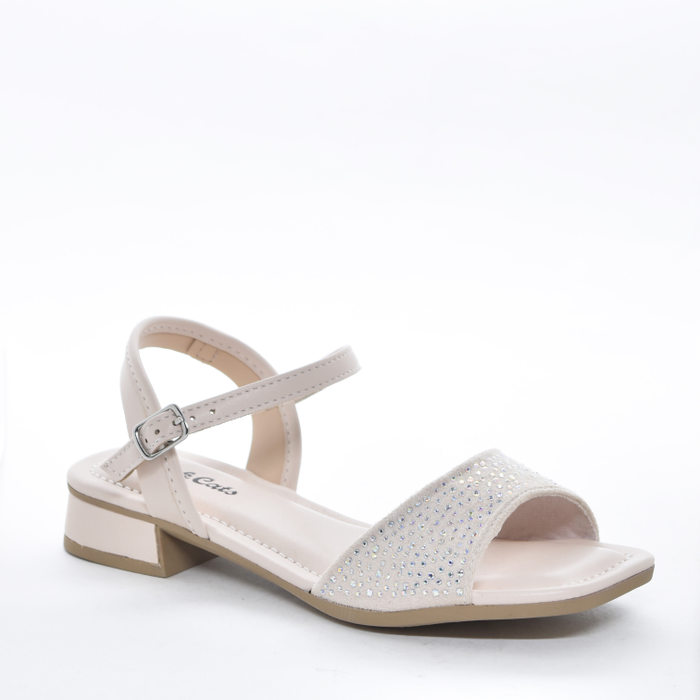 Sandália Pink Cats Bico Quadrado Cabedal Tira Larga Suede com Strass Salto Rasteira Nude