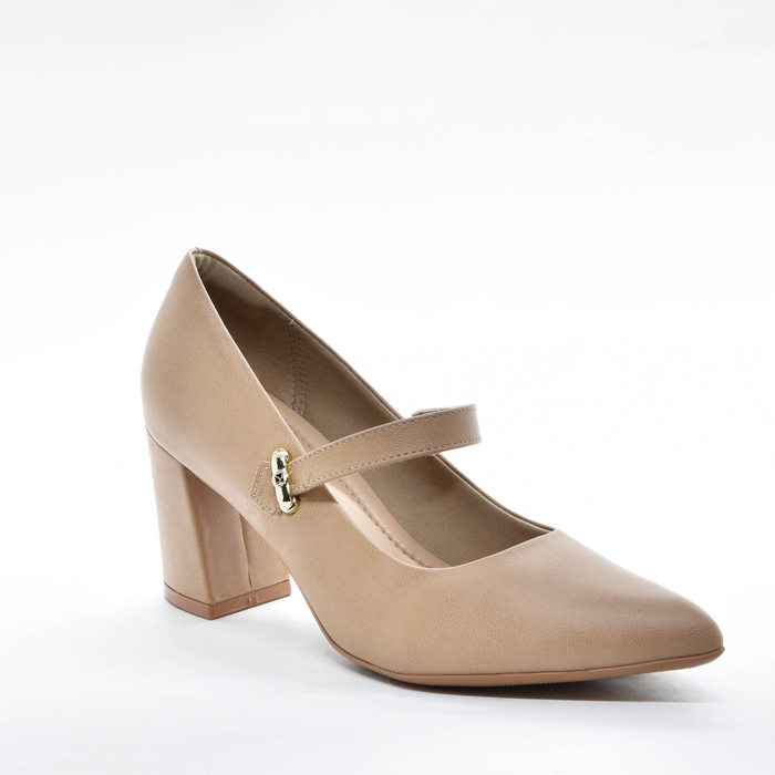 Sapato Boneca Piccadilly Bico Fino Lateral Detalhe Metal Salto Grosso Médio Nude