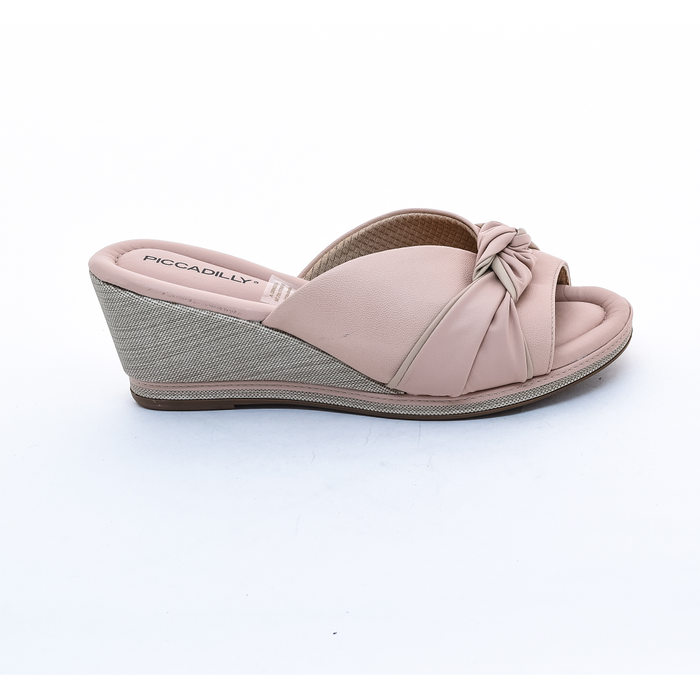 Tamanco Anabela Piccadilly Cabedal com Nó Salto Linho Rosa