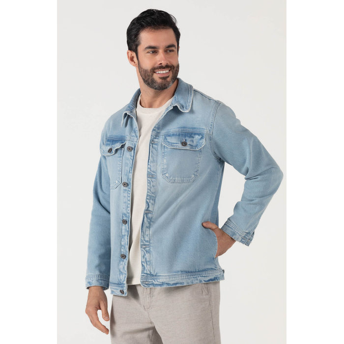 Jaqueta Jeans Dlz Algodão Gola Colarinho Lisa Bolso Embutido Canguru Fechamento Botões Azul Claro