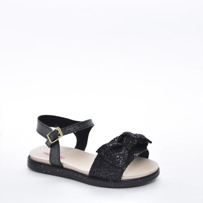 Sandália Molekinha Camurça Tira Animal Print Detalhe Laço com Brilho Preto