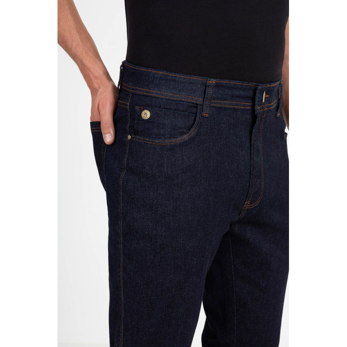 Calça Jeans Slim AEE com Bolso Aplicação Bordado Logo Azul Escuro