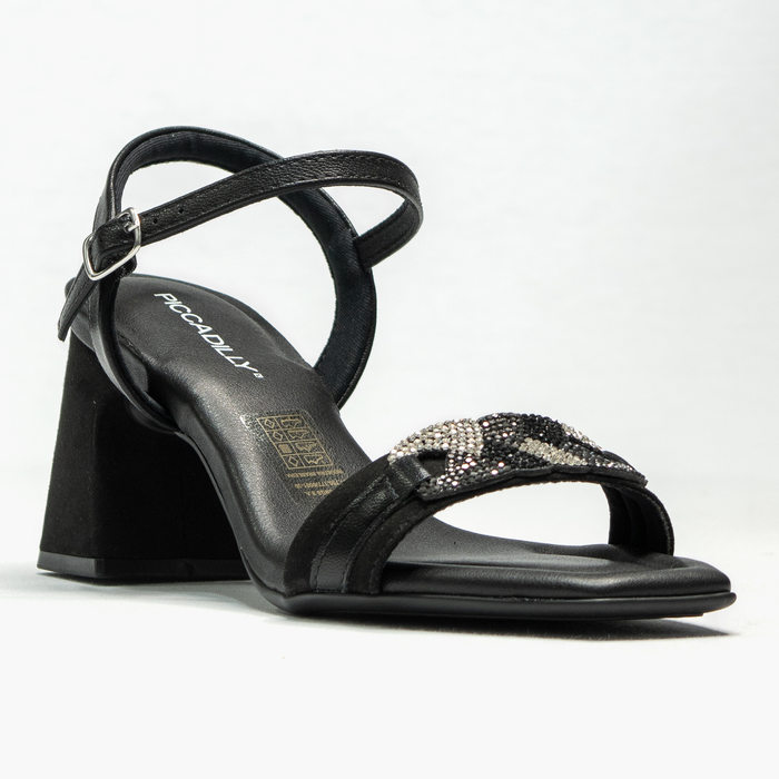 Sandália Piccadilly Bico Quadrado Tira Aplicação Metal Fechamento Fivela Salto Médio Grosso Camurça