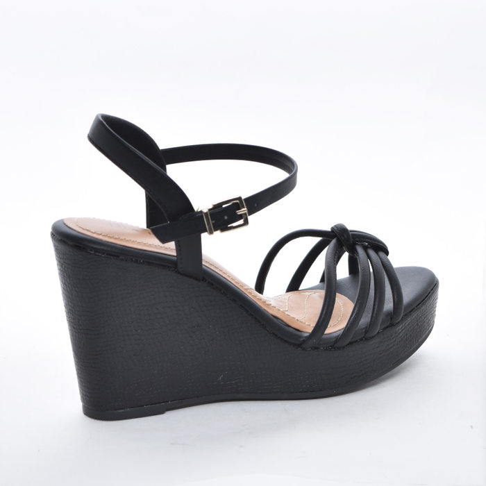 Sandália Anabela Ramarim Cabedal Tiras Vazada Salto Alto Mini Croco Preto