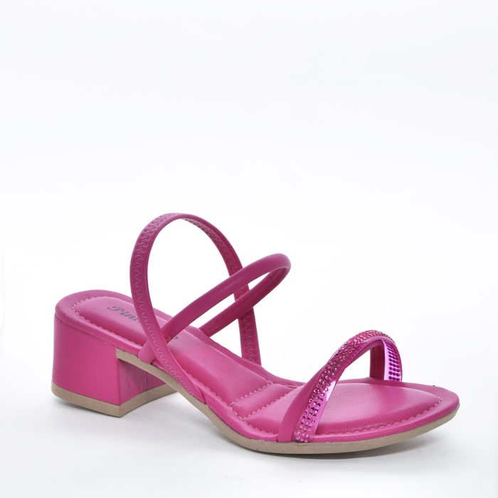 Sandália Pink Cats Cabedal Tiras Finas com Strass Posterior Elástico Salto Médio Rosa