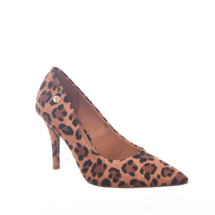 Sapato Scarpin Vizzano Bico Fino Estampado Onça Caramelo e Preto