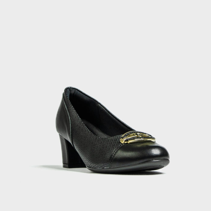 Sapato Piccadilly Joanete Bico Redondo Aplicação Metal com Recortes Trabalhado Salto Grosso Baixo Pr