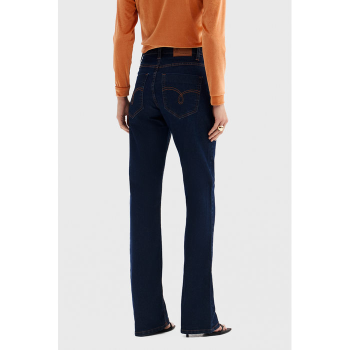 Calça Jeans Flor de Lis Boot Cut com Bolso Azul Escuro