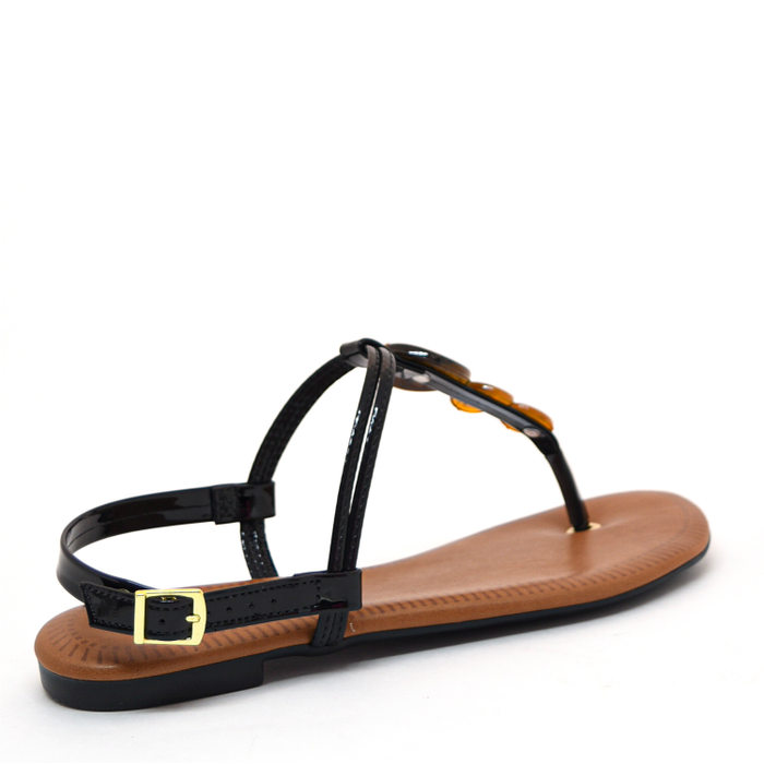 SANDÁLIA RASTEIRA MOLECA FECHADA CALCANHAR ABERTO VERNIZ COM PEDRAS PRETA