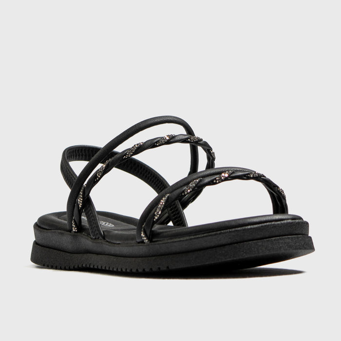 Sandália Papete Mississipi Cabedal Tiras Aplicação Strass Posterior Elástico Preto