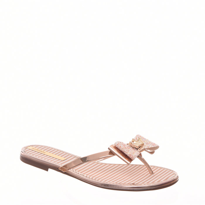 Sandália Rasteira Molekinha Sola Listrada Detalhe Laço Coroa Ouro Rosado