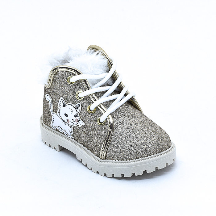 Bota Coturno Molekinha Detalhe Pelo Aplicação Gato Gliter Dourado e Branco