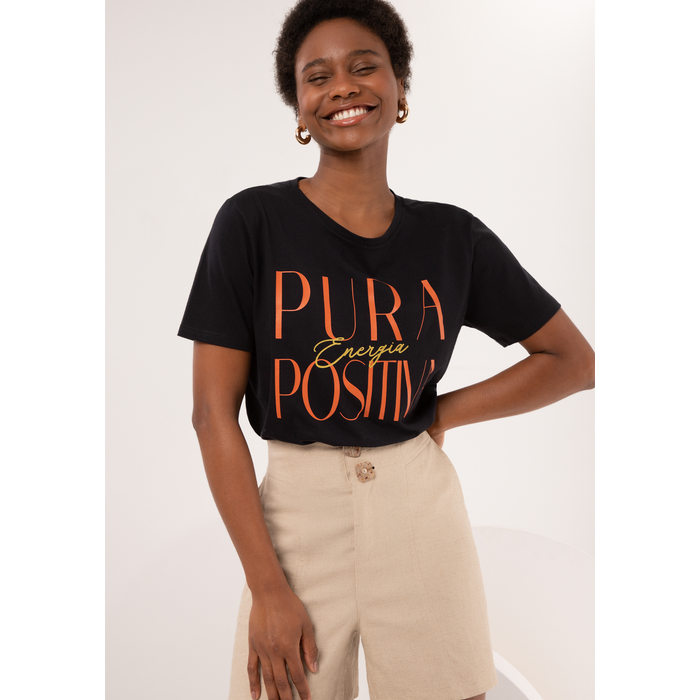 Blusa T-Shirt Lunender Algodão Manga Curta Estampa Escrita Preto