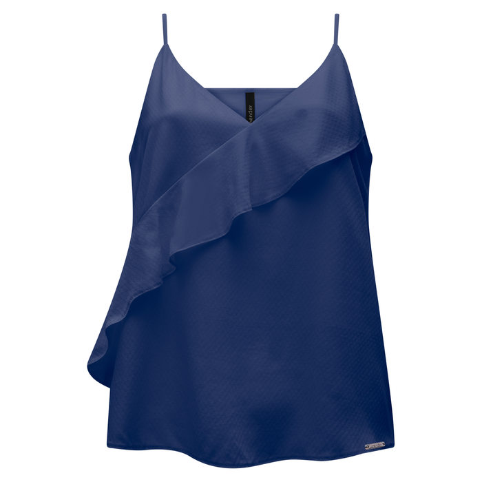Blusa Regata Lunender Viscose Decote V com Babado Alça Fina Ajustável Lisa Azul