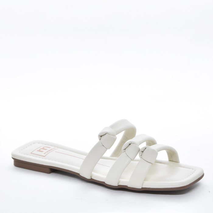 Rasteira Moleca Cabedal Três Tiras com Nó Bico Quadrado Off White