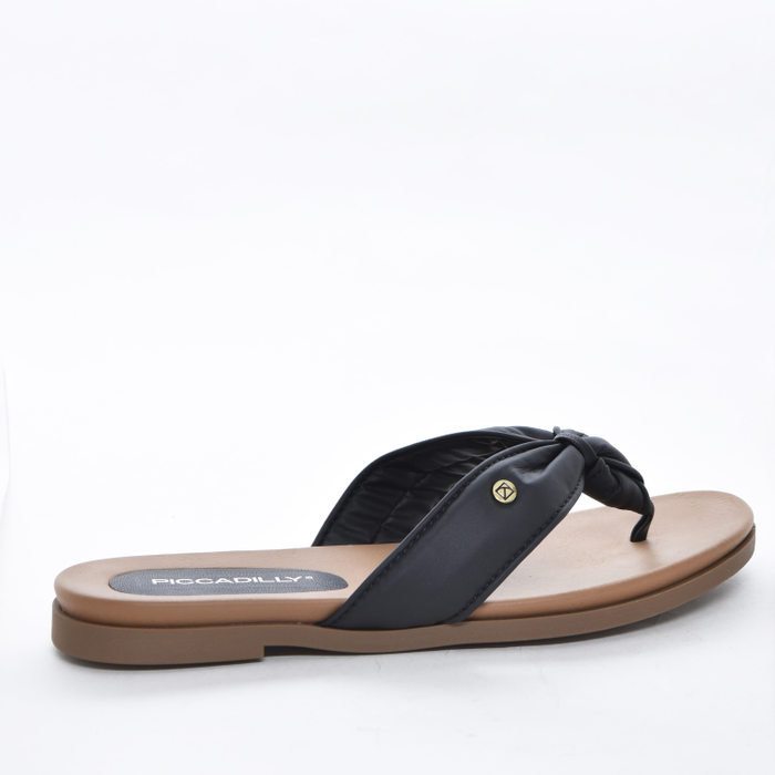 Rasteira Piccadilly Cabedal com Nó Aplicação Logo Metal Preto