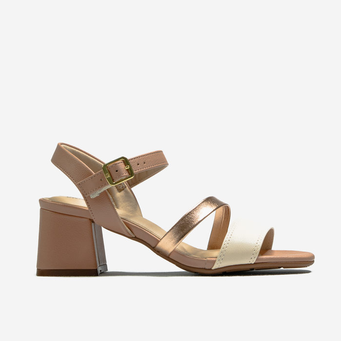 Sandália Modare Ultra Conforto Bico Quadrado Tira Metalizada Salto Grosso Médio Fechamento Fivela Nu