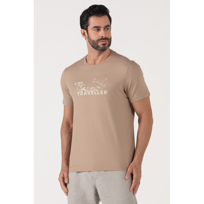 Camiseta Dlz Algodão Poliéster Manga Curta Estampa Escrita Bege
