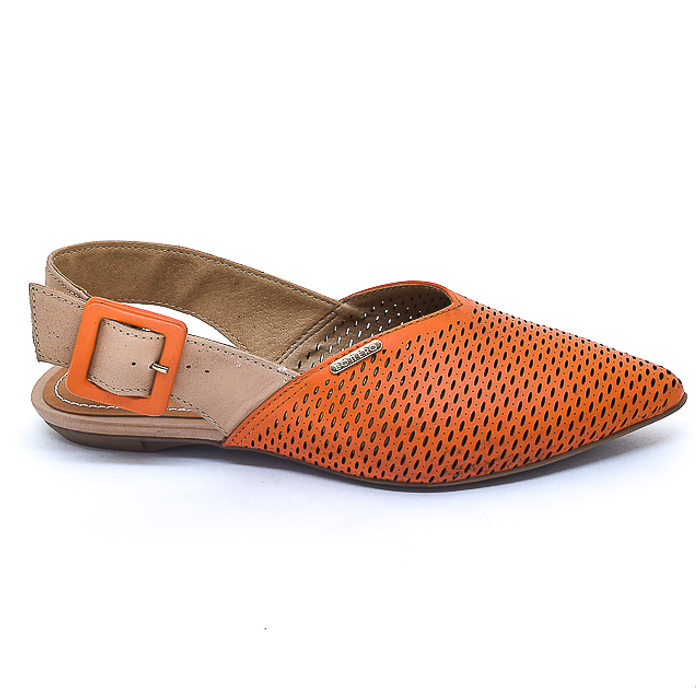 Sapatilha Chanel Bottero Couro Cabedal Vazado Fechamento Fivela Laranja e Bege