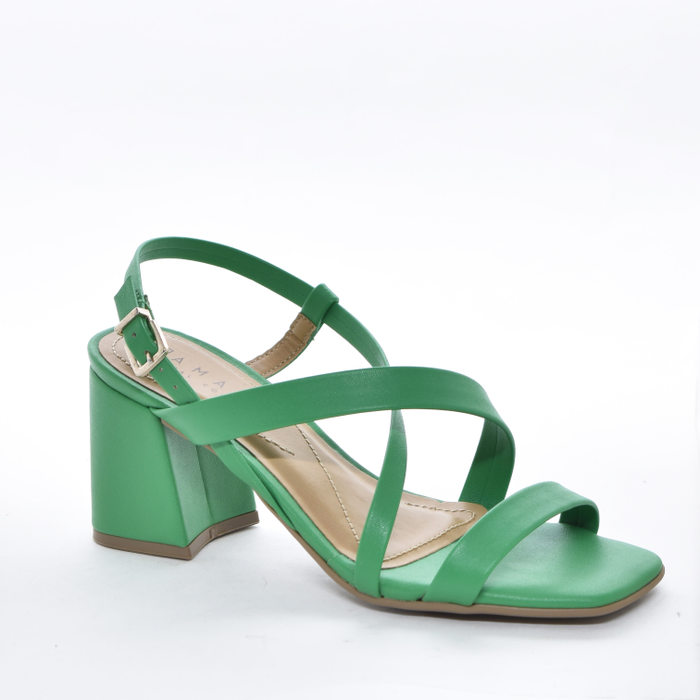 Sandália Ramarim Bico Quadrado Cabedal Tira e X Salto Médio Geométrico Verde