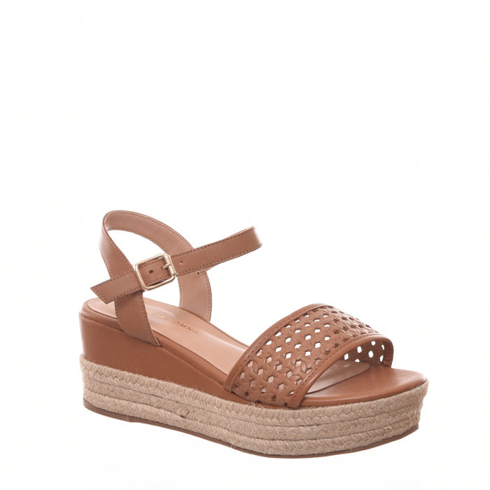 Sandália Plataforma Giulia Domna com Perfuros Espadrille Couro Caramelo