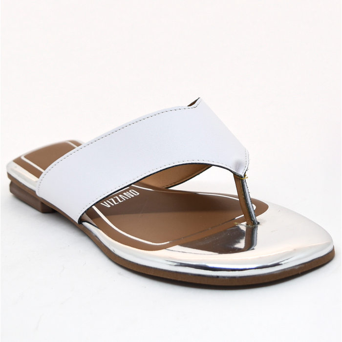 Rasteira Vizzano Cabedal Dedo Palmilha Metalizada Prata Branco