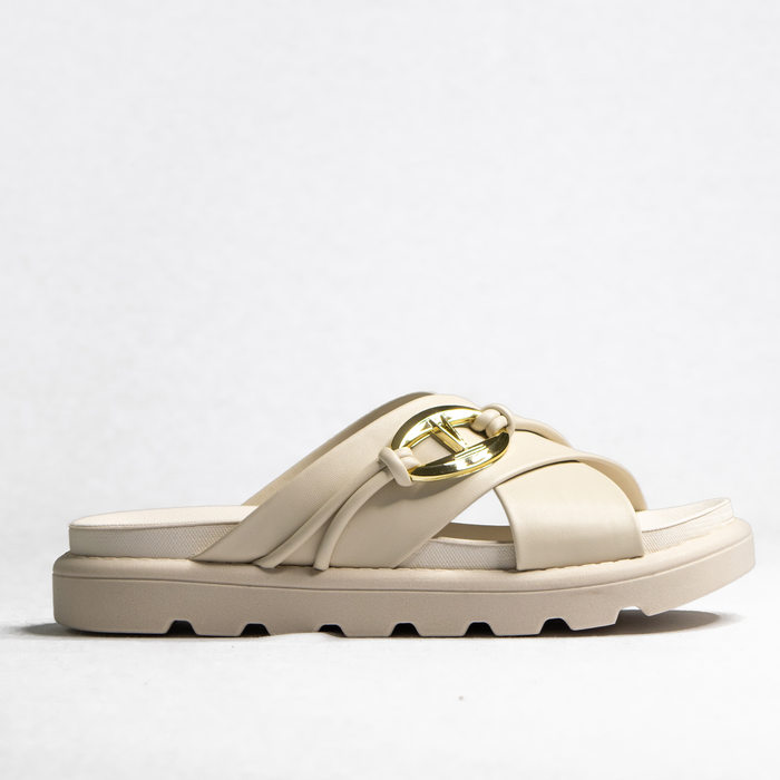 Chinelo Birken Vizzano Tira Transpassada Aplicação Metal Logo Solado Tratorado Off White