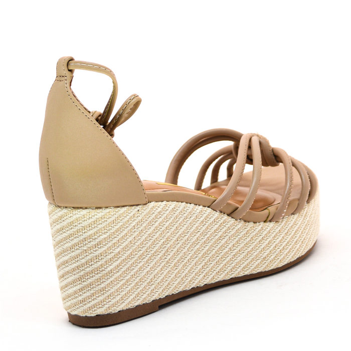 SANDÁLIA PLATAFORMA VIZZANO CABEDAL TIRAS CALCANHAR FECHADO COM AMARRAÇÃO LINHÃO BEGE