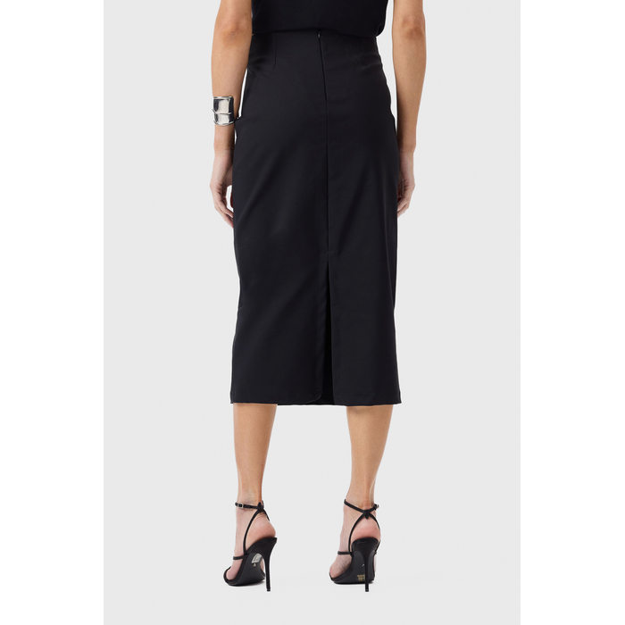 Saia Midi Flor de Lis PAE Lisa Fenda Posterior Fechamento Zíper Preto