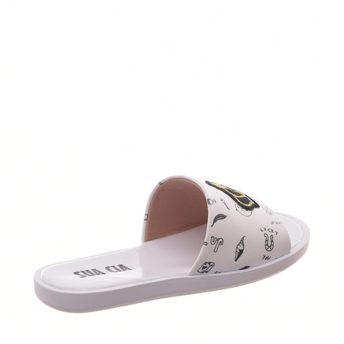 Chinelo Slide Sua Cia Estampado Aplicação Coroa Branco e Preta