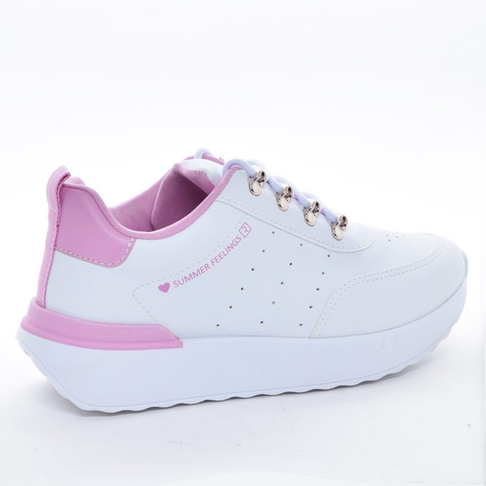 Tênis Jogger Ramarim Lateral Escrita Microperfuros com Recortes Posterior Fita Branco e Rosa