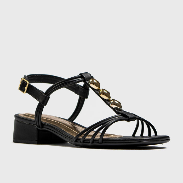 Sandália Ramarim Bico Quadrado Tira Aplicação Metal Fechamento Fivelo Salto Rasteira Preto